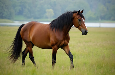 Brown horse walks on green grassy meadow with long mane and tail. Animal grazes in field near body of water with trees in background. Peaceful rural landscape.