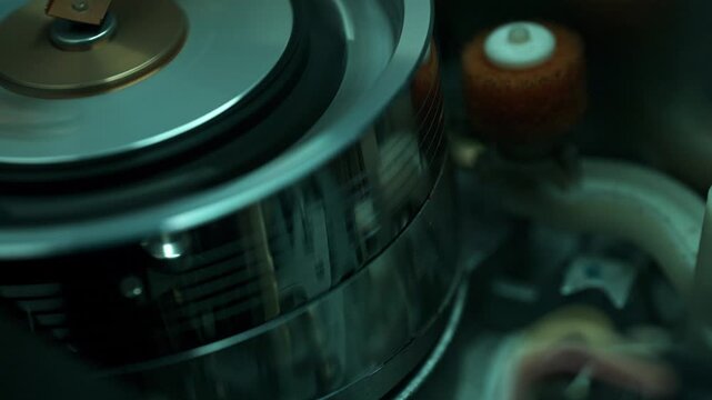 Inside of the Video Cassette Player - Tape Transport Mechanism Wraps the Tape around the Head Drum - Macro, Dark Mood