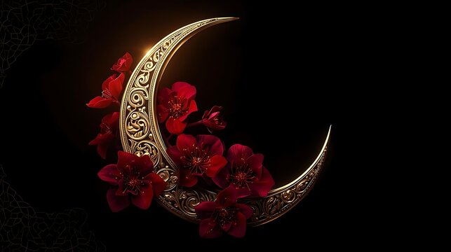 Golden Ornate Crescent Moon Embraced by Deep Red Flowers Against a Dark Void