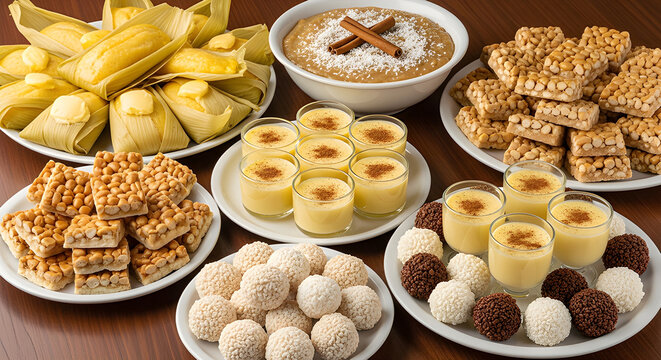 Bountiful Table of Traditional Brazilian Festa Junina Foods and Assorted Sweets