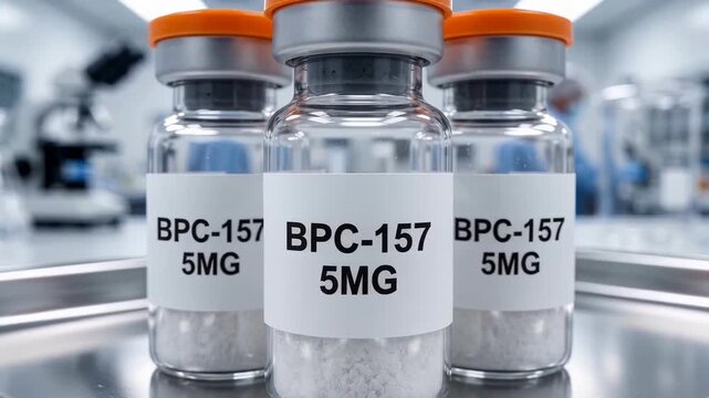 BPC-157 peptide therapy for longevity and biohacking, three glass vials
