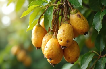 Yellow longan fruit cluster hangs on tree branch in soft sunlight. Ripe tropical produce grows in Thailand orchard ready for harvest and eating.