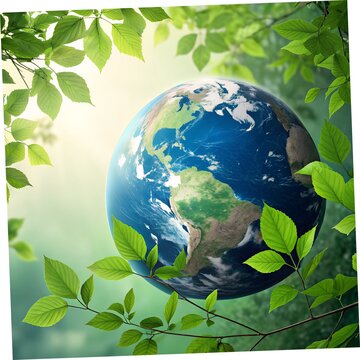 Save the planet concept with Earth globe surrounded by lush green leaves in sunlight.