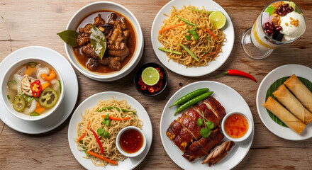 Assorted international cuisine displayed on wooden table with various dishes and ingredients
