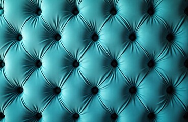 Fototapeta premium Turquoise upholstered background with diamond pattern. Deep button tufting creates a classic Chesterfield style texture. Soft fabric surface with buttons adds luxury detail to furniture or decor.