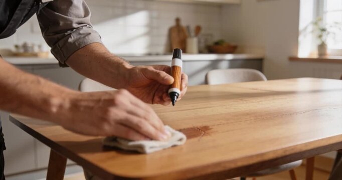 Person cleaning wooden table with marker and cloth