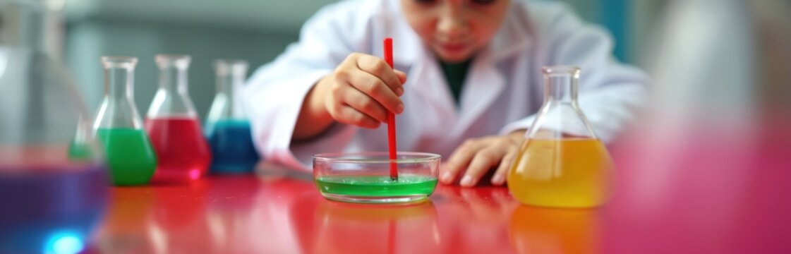 Child in lab coat mixes colorful liquids in beaker. Little boy performs science experiment with flasks. Kid learns chemistry at table, engages in research.