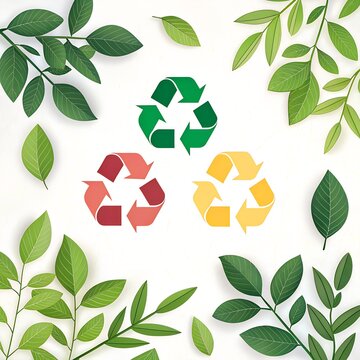 Colorful recycling symbols with green leaves on white background, eco-friendly and zero waste concept.