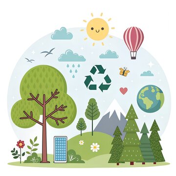 Eco friendly living concept with green earth, solar panels, wind turbine and sustainable house illustration.