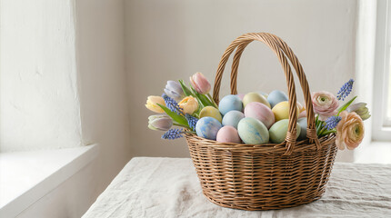 Fototapeta premium Basket with pastel colored Easter eggs and fresh flowers sits on a light surface near a window. Bright and cheerful scene showcases spring vibes. Concept of holiday celebration, crafting, home decor