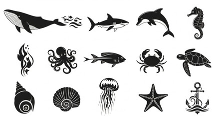 Collection of Marine Life Illustrations in Silhouette Style. © Muhril