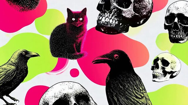 Black cats and crows with skulls