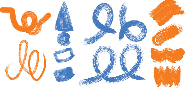 A collection of vibrant orange and blue abstract shapes ,brash design with different shape