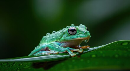 Fototapeta premium Green Tree Frog on Leaf Closeup.