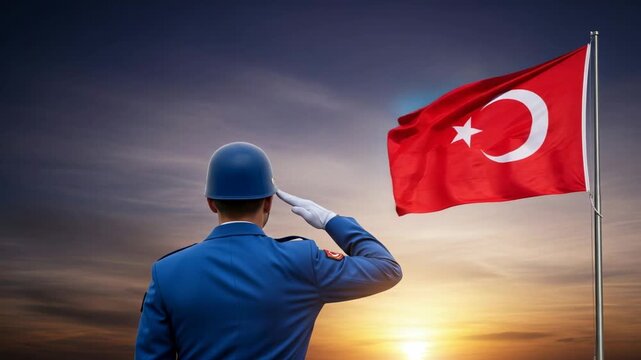 Male Turkish Gendarmerie Soldier Saluting National Flag at Sunset for Commemoration Day