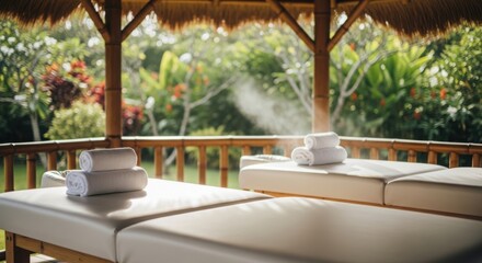 Fototapeta premium Outdoor spa area features two massage beds under bamboo gazebo, surrounded by lush tropical greenery. White towels and soft cushions prepared, creating serene ambiance for outdoor spa.