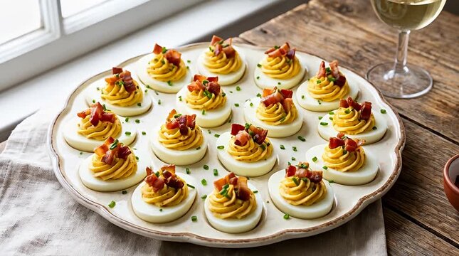 Savory deviled eggs with bacon and chives, perfect appetizer for any gathering deviled eggs, chives.