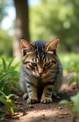 Obraz premium Young tabby cat crouches low in grassy outdoor setting. Its focused gaze suggests it is stalking or has just caught prey. This predator shows intense instinctual behavior, ready for its next move.