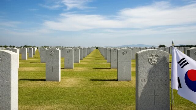 National Veteran Remembrance at Military Cemetery with Flag and Headstones