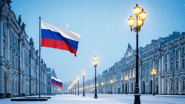 Russian Flag Waving in Snowy European City Square with Classical Architecture and Street Lamps