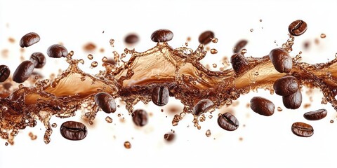 Fototapeta premium energetic coffee splash with roasted coffee beans suspended midair against white background
