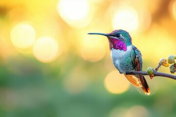 Fototapeta premium iridescent hummingbird perched on a berry-tipped twig against warm golden bokeh, a delicate serene moment