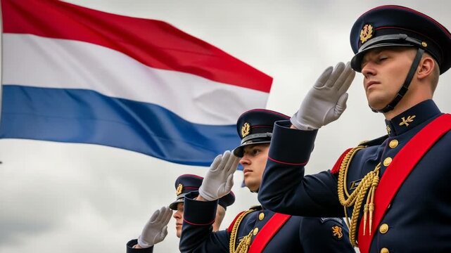 Dutch Military Honor Guard Saluting in Ceremonial Uniform with Netherlands Flag