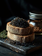 stacked rustic crusty bread slices topped with glossy black caviar on a wooden board next to a glass jar and herb sprig, moody elegant gourmet indulgence