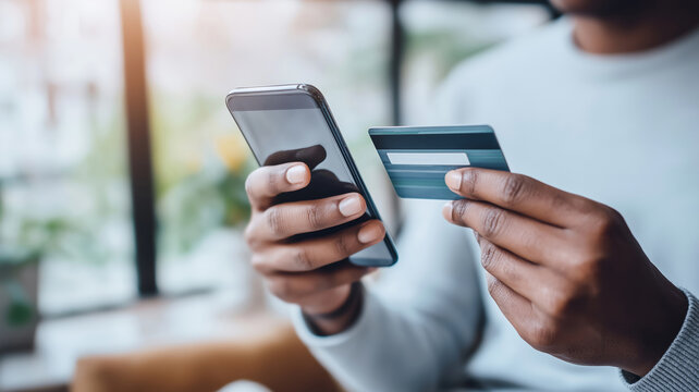 Person holding a mobile phone and credit card, managing an online purchase with internet banking and shopping application