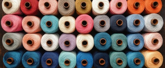 Fototapeta premium top-down view of neatly arranged colorful yarn spools in rows, cozy and cheerful craft display