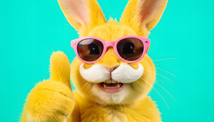 Obraz premium Yellow Easter plush bunny, close-up, giving a thumbs-up, with a white curly mustache, laughing, on a solid turquoise background, fluffy and cute, studio photography, perfect for banner or card design,