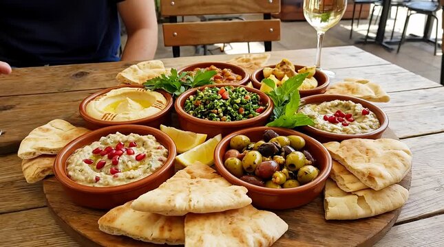 A vibrant mezze platter with diverse dips, olives, and pita bread for sharing outdoors mezze platter, dips.