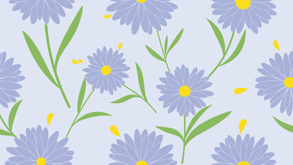 Obraz premium Seamless floral pattern with light purple daisies and green leaves on a soft blue background for textile and wallpaper designs.