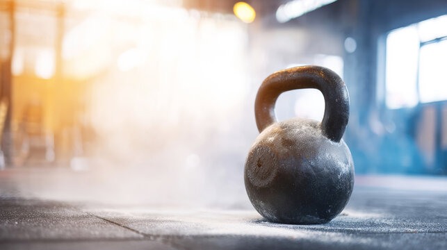 Heavy black kettlebell on a gritty gym floor, illuminated by bright light, emphasizing hard work and exercise