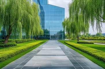 symmetrical paved walkway leading to a modern reflective glass office building flanked by weeping willow trees and manicured green lawns, serene peaceful atmosphere