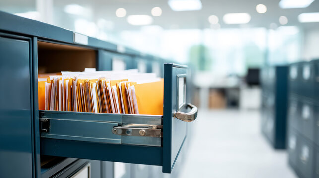 Open teal filing cabinet drawer filled with organized folders storing important business documents and records in a modern office