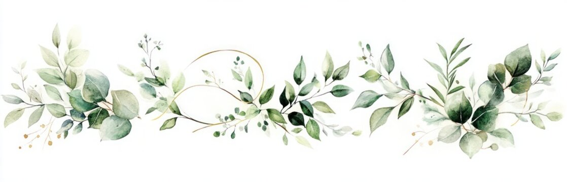 watercolor horizontal garland of eucalyptus and mixed green leaves with gold accents on white background, serene and elegant