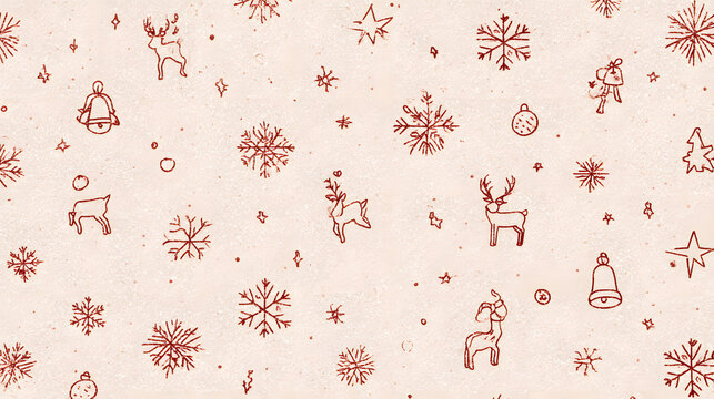 Festive Red and White Christmas Pattern with Hand-Drawn Reindeer, Snowflakes, and Bells - Ideal for Holiday Decorations and Crafts
