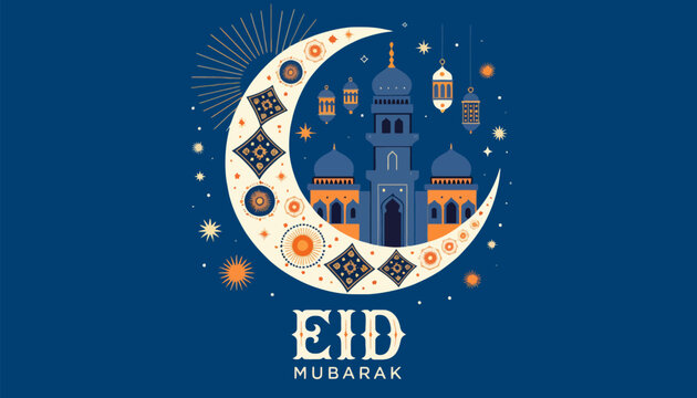 Vibrant Eid Mubarak celebration with mosque and crescent moon
