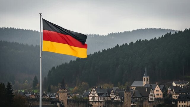 National flag waving over traditional historic village with timbered houses and forest