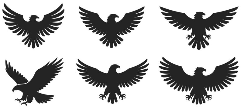 Black eagle silhouettes in multiple dynamic flying and attacking poses, bold heraldic bird symbols representing strength