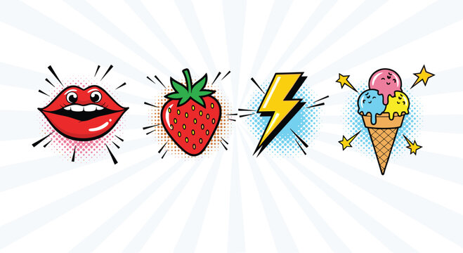 Set of vibrant pop art icons featuring biting lips, a strawberry, a lightning bolt, and a multi colored ice cream cone on a sunburst background.