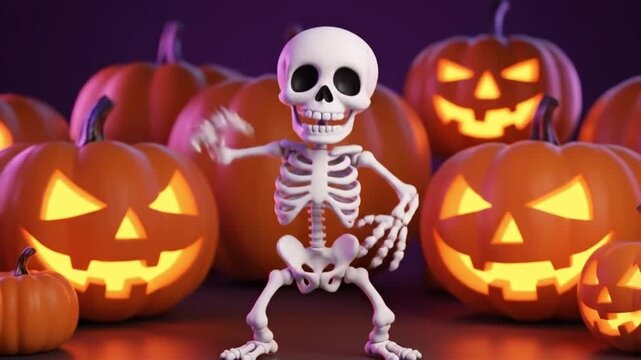 Dancing Skeleton Performs a Playful Pose Among Glowing Jack-O-Lanterns, Creating a Festive Halloween Atmosphere from a Viewer's Perspective