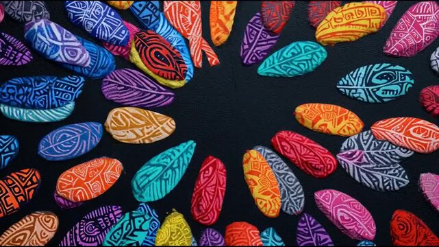 Vibrant oval shapes with intricate patterns in various colors arranged in a circular formation on a dark background with a flat lay composition and a lively mood.