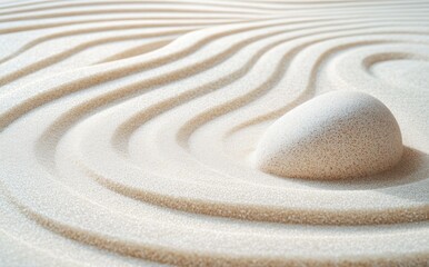 smooth pebble in raked sand with flowing ripples, minimalist meditative scene conveying calm and serenity