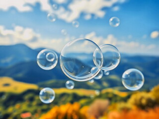 美しい景色に映えるシャボン玉