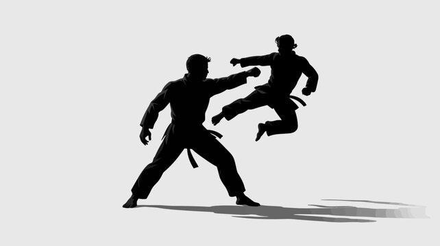 Martial Arts Silhouette: Dynamic silhouettes capture the essence of martial arts combat, showcasing a high kick and poised stance, in this dramatic monochrome image. 