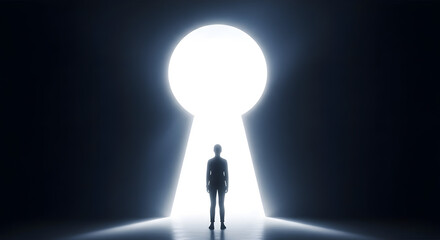 Obraz premium Man standing in front of glowing keyhole in dark room