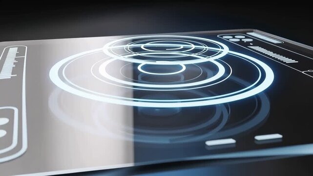 A glowing digital interface with concentric light circles floats on a dark surface to provide a professional high tech background.