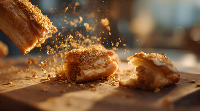 Crispy golden pastry with flaky layers and scattered crumbs on wooden board in warm light, conveying tempting texture and cozy atmosphere